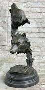 Two Wolves Head Bust Bronze Sculpture