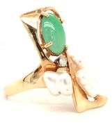 14kt Yellow gold oval Jade and fresh water pearl and diamond accent ring