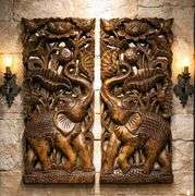 Set of 2 Hand-Carved Elephant Teak Wood Wall Panels