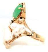 14kt Yellow gold oval Jade and fresh water pearl and diamond accent ring