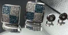 14K White Gold Princess Cut Blue & White Diamond Cluster Earrings of 1.90 CT