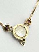 18KT Yellow Gold Center Round Gray Pearl Flanked By Two Oval Pink Tourmaline And Blue Topaz Dangling