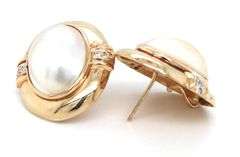 14kt Yellow gold oval Mabe pearl earrings with diamond accents