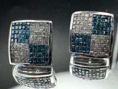 14K White Gold Princess Cut Blue & White Diamond Cluster Earrings of 1.90 CT