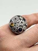 925 Sterling Silver Gear Pattern Beatiful Color Stone Industrail Look Ring