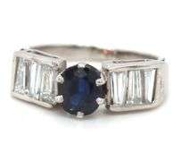 Blue sapphire and baguette diamond cocktail ring in Platinum