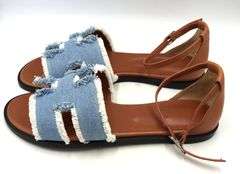 Hermes Santorini sandals in blue denim