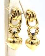 18kt Yellow gold Sculpted door knocker cab sapphire Puffed heart drop earrings