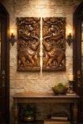 Set of 2 Hand-Carved Elephant Teak Wood Wall Panels