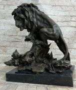 Bronze African Mountain Lion with Cub Statue Sculpture