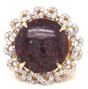 Glittering Huge 34.17CTS Round Cabochon-Cut Ruby & 1.41CTW Round Faceted Colorless Sapphire Ring in 