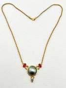 18KT Yellow Gold Center Round Gray Pearl Flanked By Two Oval Pink Tourmaline And Blue Topaz Dangling