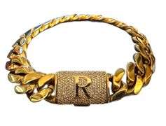 Sharp Gold Plate Monogramed Initial "R" Curb Link Bracelet
