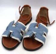 Hermes Santorini sandals in blue denim
