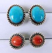 2 Pairs Sterling Turquoise & Coral Earrings