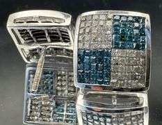 14K White Gold Princess Cut Blue & White Diamond Cluster Earrings of 1.90 CT
