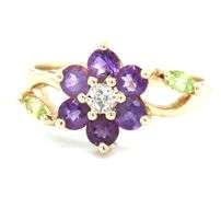 14kt Yellow gold amethyst, marquise peridot and diamond accent flower ring