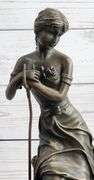 Sexy Maiden Holding Rose Flower in Garden Bronze Sculpture