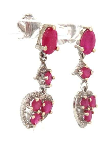 Charming Heart Shaped 4.9CTW Ruby & Diamond Dangle Earrings in Sterling Silver