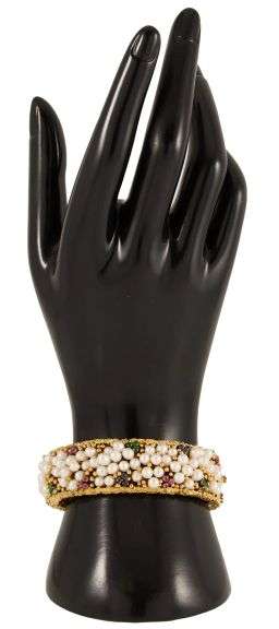 Vintage Pearl and Multi Gemstone Hammered Bangle Bracelet in 12K