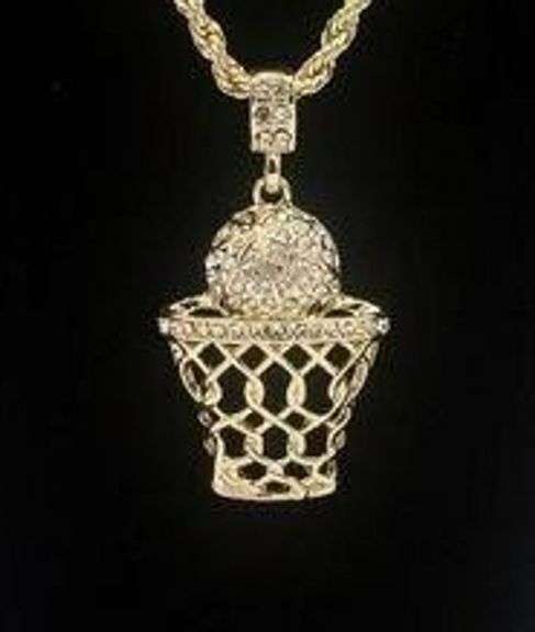 14 Kt Yellow Gold Plated Basketball Hoop Pendant Necklace