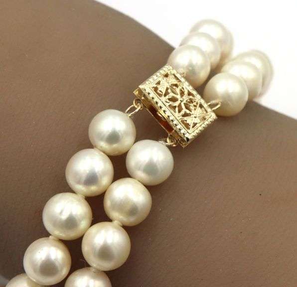 Double row 8mm pearl bracelet in 14kt yellow gold