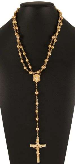 Polished Beaded Rosary Crucifix Virgin Mary Cross Pendant Necklace in 14K