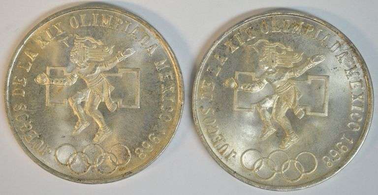 2 Superb Gem BU 1968 Mexico Silver Olympic 25 Pesos