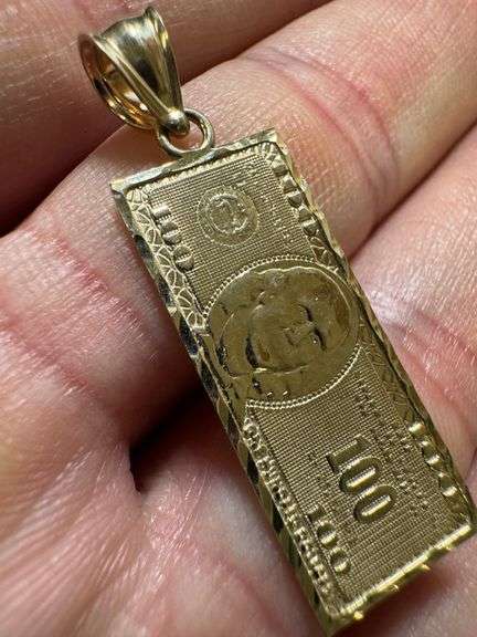 10k Yellow Gold $100 Dollar Bill Pendant