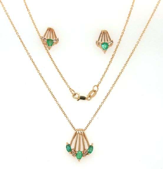 14kt Yellow gold marquise and pear shaped emerald and diamond fan pendant on chain and matching earr