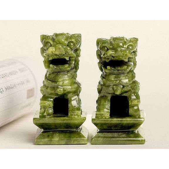 Pair of Jade Hand Carved Guardian Lions Feng Shui