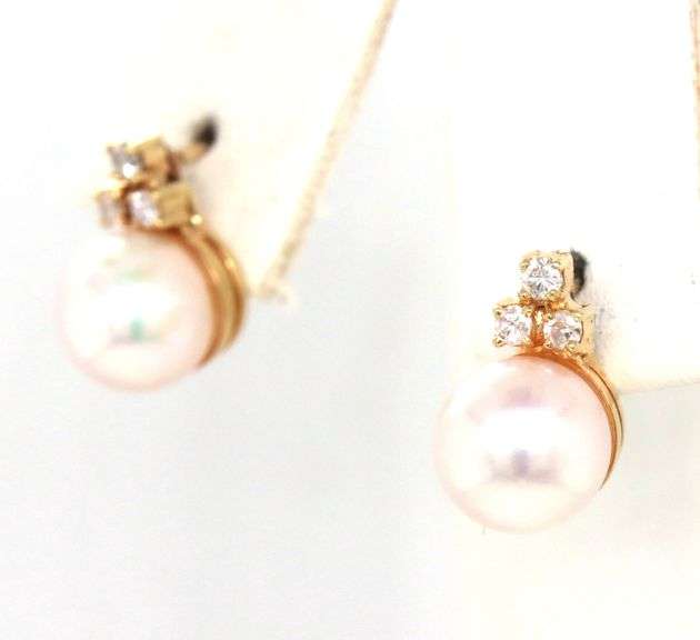 14kt Yellow gold 7mm pearl and diamond accent earrings
