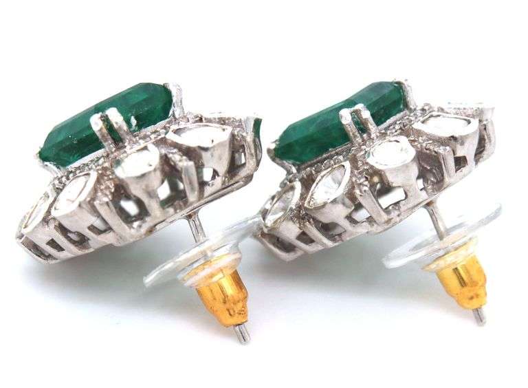 Adorable 4.22CTW Faceted Lab Emerald & Diamond Earrings in Sterling Silver