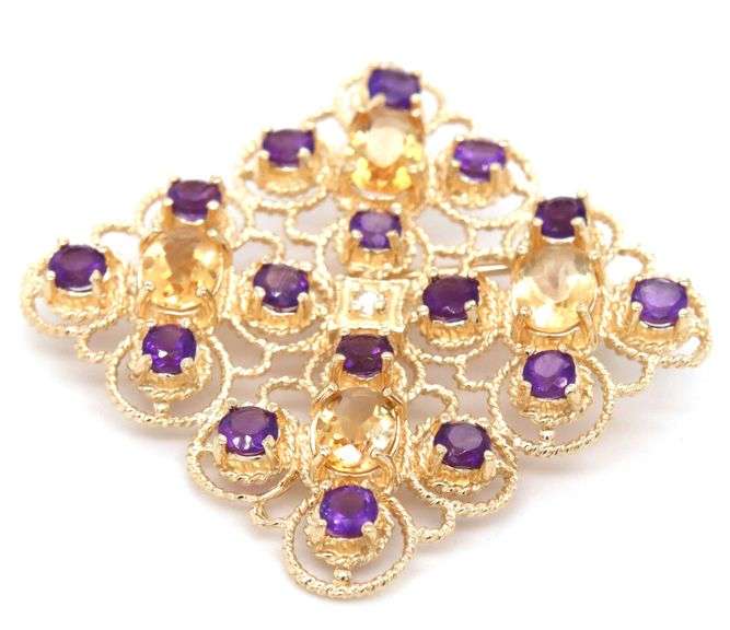 14kt Yellow gold round amethyst and oval citrine and diamond Filigree square brooch