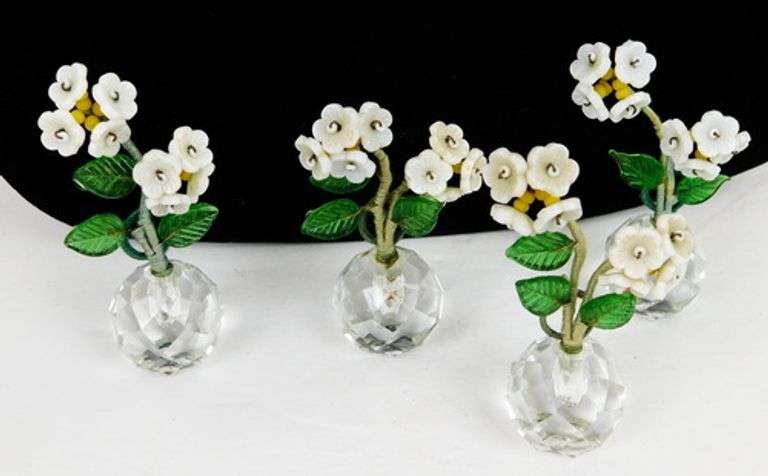 4 Early Czech Glass Flower Place Card Holders