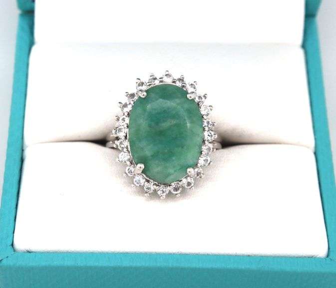 Sparkling Large 11.00CTS Oval Faceted Natural Emerald & White Sapphire Ring in Sterling Silver