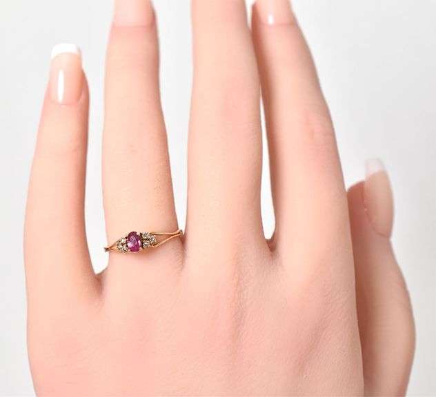 Dainty 10K Yellow Gold Ruby Gemstone Ring with Diamond Accents
