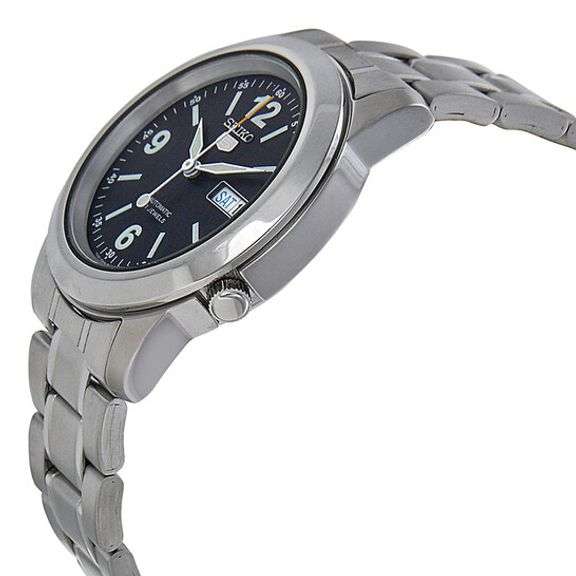 Seiko Men’s Automatic Stainless Steel Watch – Blue Dial, Exhibition Caseback, Day-Date Display