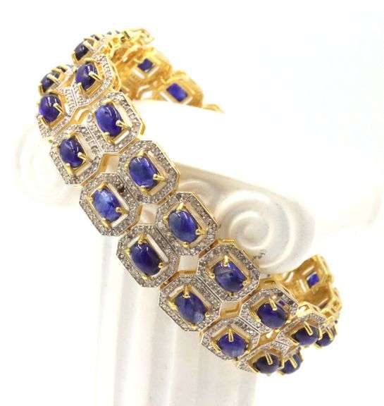 Amazing Brand New European 18.00CTW Oval Cabochon-Cut Blue Sapphire & 5.00CTW Diamond Bracelet in 14