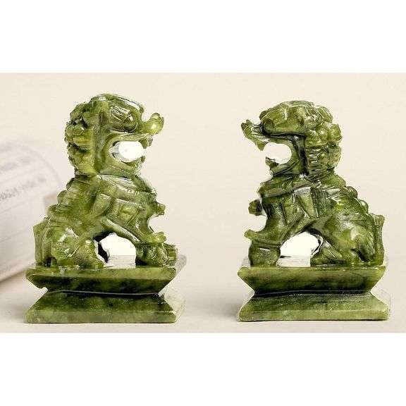 Pair of Jade Hand Carved Guardian Lions Feng Shui