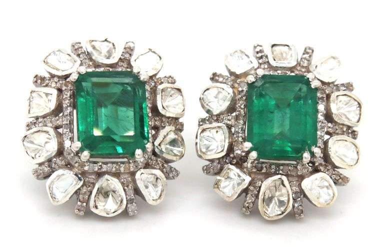 Adorable 4.22CTW Faceted Lab Emerald & Diamond Earrings in Sterling Silver