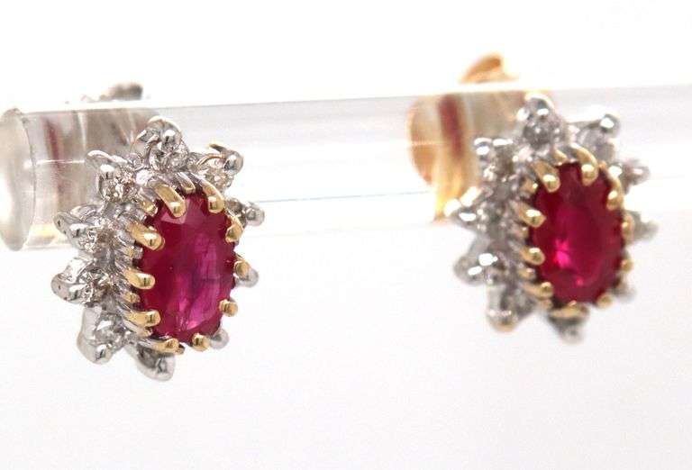 14kt Yellow gold oval ruby and diamond stud earrings