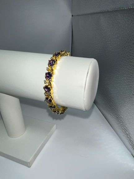 Beautiful Yellow Gold Plated Simulated 8.5 Cttw Amethyst Tennis Bracelet