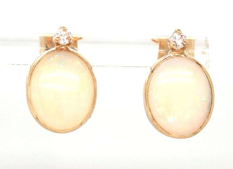 14kt Yellow gold oval Opal and diamond accent earrings