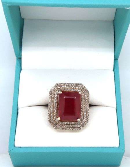 Gorgeous Massive 13.20CTS Emerald-Cut Ruby & 1.10CTW Diamond Ring in Sterling Silver