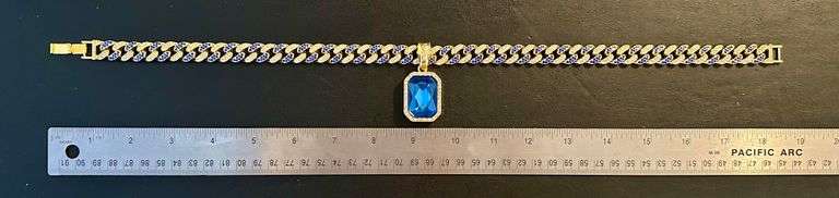 Dazzling 14 K Yellow Gold Plate Simulated Blue Tanzanite Chain Pendant Necklace