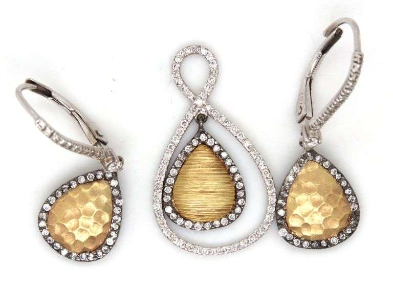 Stylish 14K W&Y Earring & Pendant Suite with Diamonds