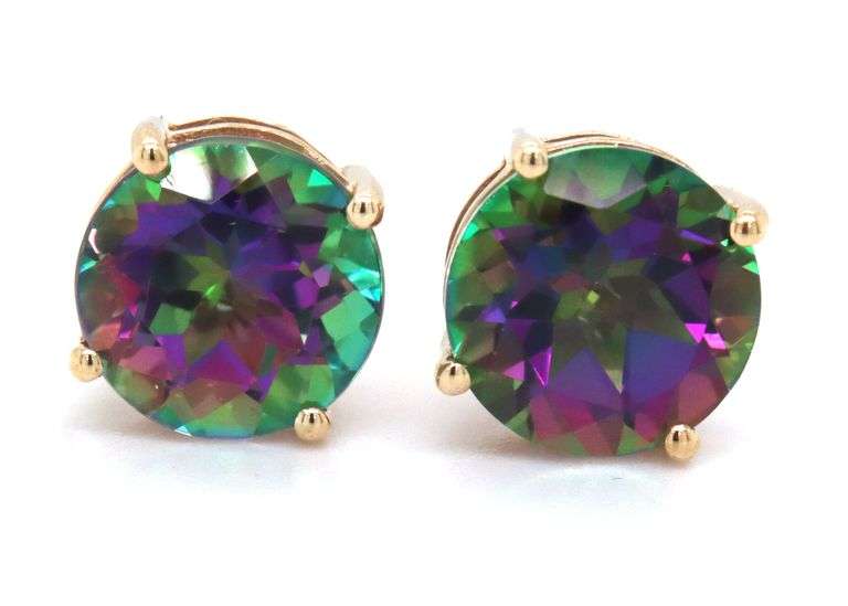 14kt Yellow gold round mystic topaz stud earrings