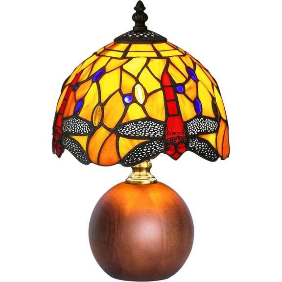 Dragonfly Stained Glass Lamp Dimmable with Wood Base