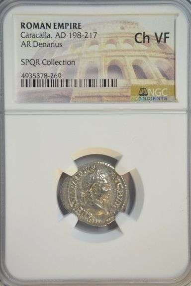 Sharp Roman Silver Denarius of Emperor Caracalla, 198-217 AD. NGC Choice VF